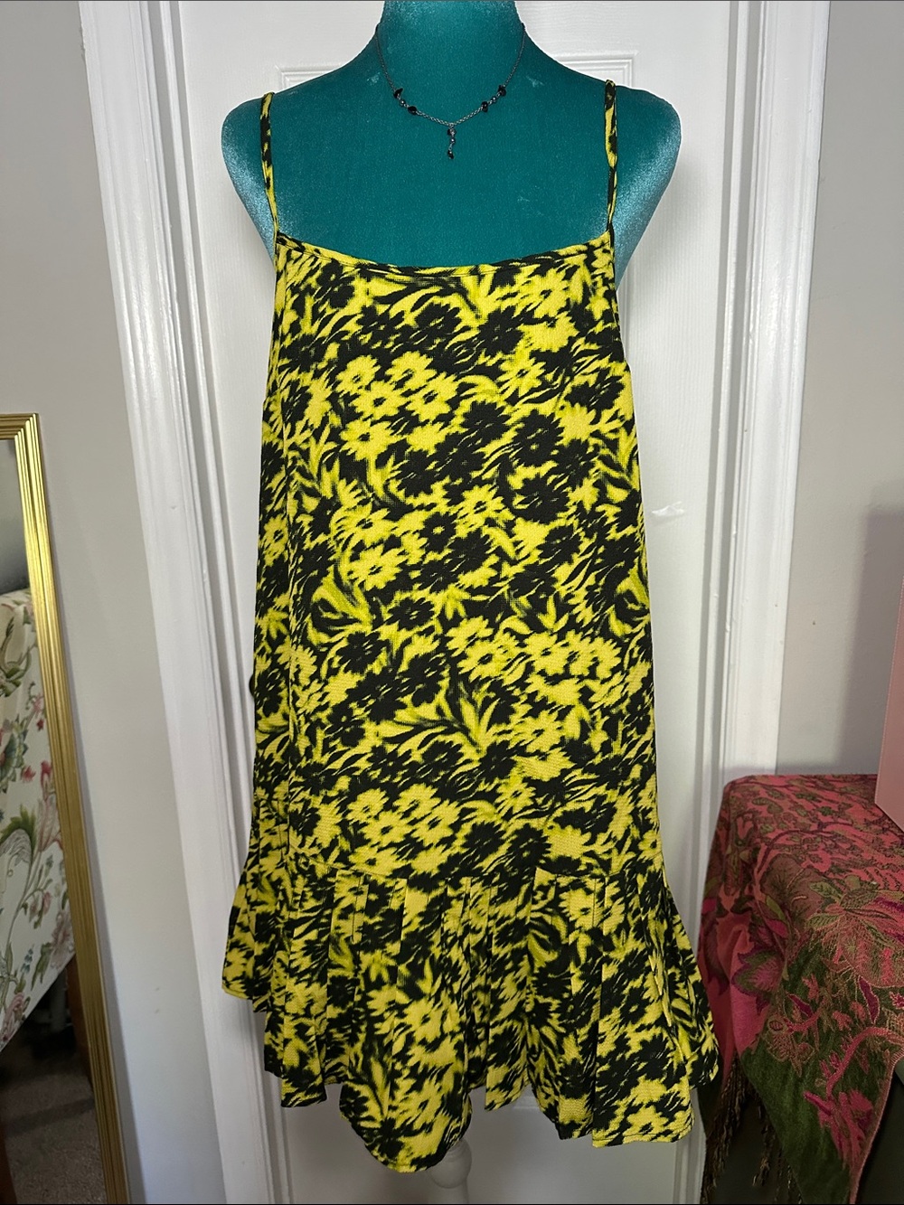 Urban Outfitters Yellow and Black Floral Mini Dress